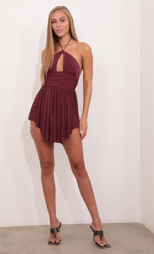 Picture Rosalie Pleated Halter Dress in Burgandy. Source: https://media.lucyinthesky.com/data/Aug21_2/500xAUTO/1V9A0387.JPG
