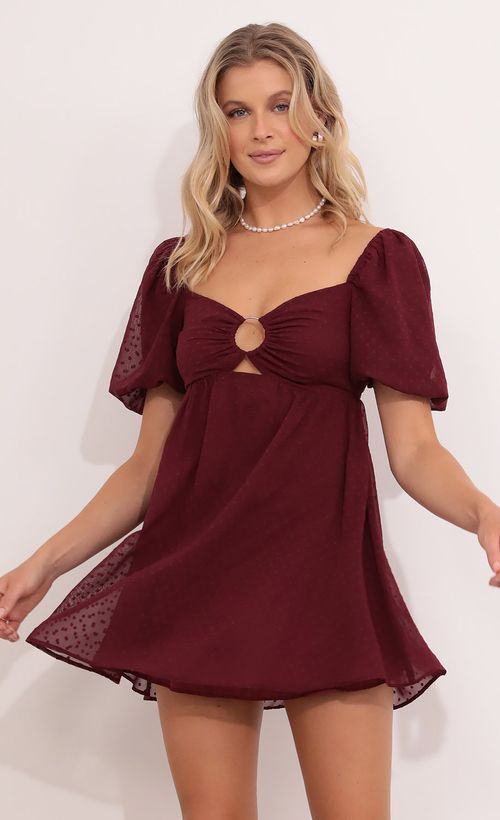 Picture Louisa Baby Doll Dress in Burgundy. Source: https://media.lucyinthesky.com/data/Aug21_2/500xAUTO/1V9A0893.JPG