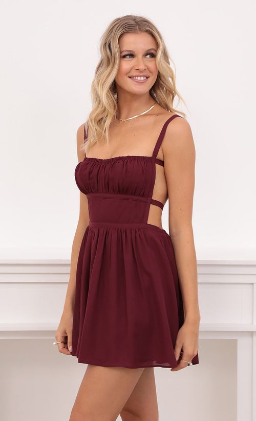 Picture Sawyer Fit and Flare Dress in Burgundy. Source: https://media.lucyinthesky.com/data/Aug21_2/500xAUTO/1V9A1998.JPG