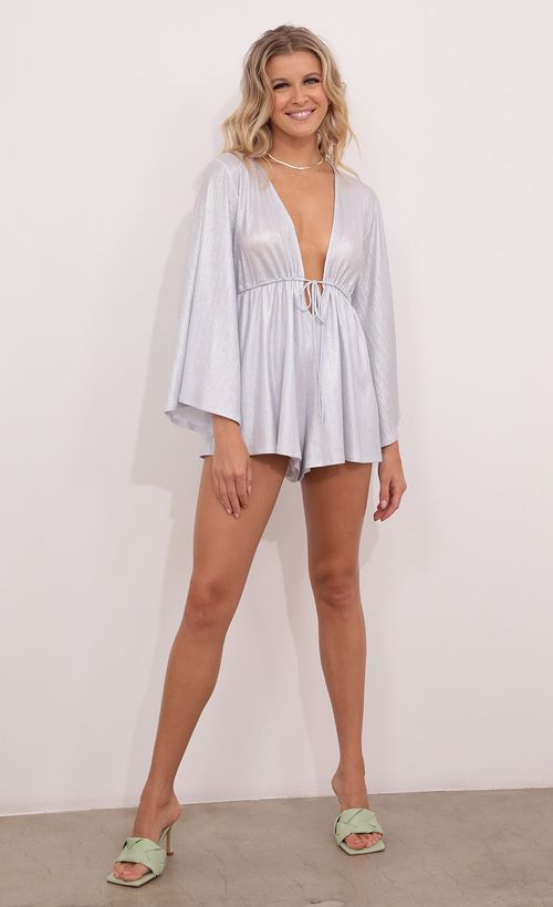 Picture Kadee Bell Sleeve Romper in Silver. Source: https://media.lucyinthesky.com/data/Aug21_2/500xAUTO/1V9A2363.JPG