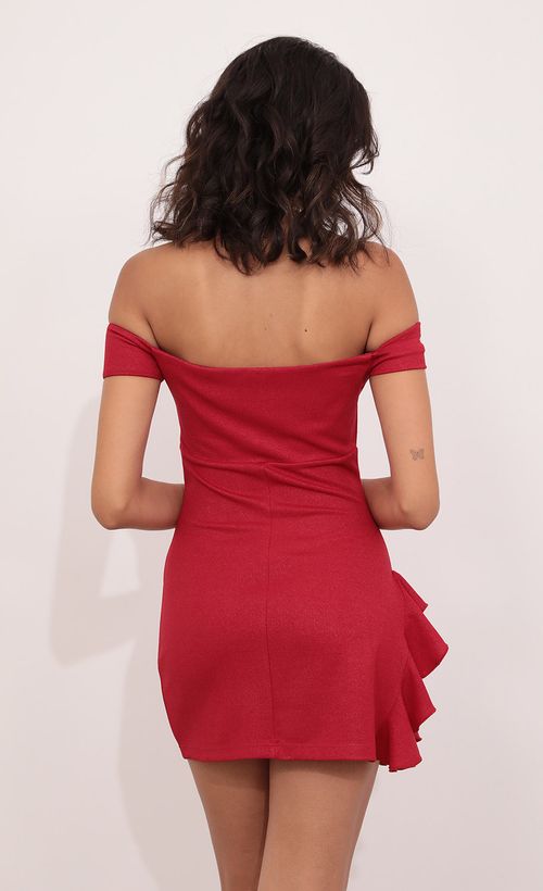 Picture Ana Off Shoulder Frill Dress in Red. Source: https://media.lucyinthesky.com/data/Aug21_2/500xAUTO/1V9A3520.JPG