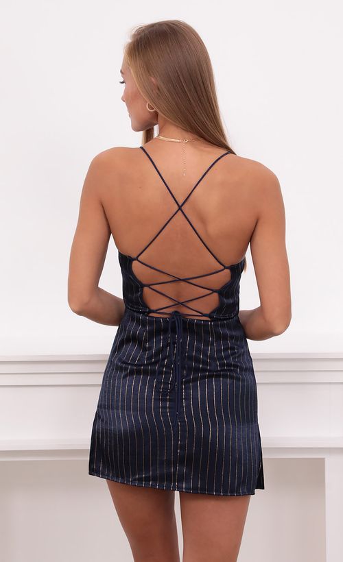 Picture Mae Slip Dress in Navy and Gold Stripes. Source: https://media.lucyinthesky.com/data/Aug21_2/500xAUTO/1V9A4755.JPG