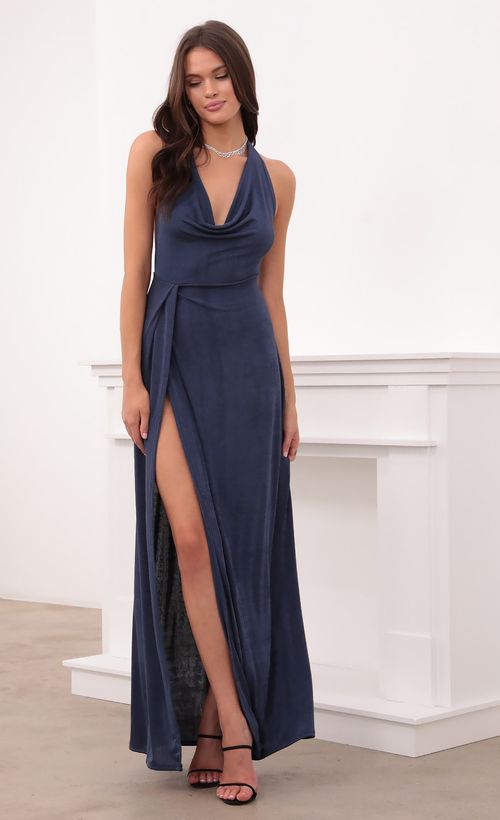 Picture Kaira Cowl Neck Maxi Dress in Navy. Source: https://media.lucyinthesky.com/data/Aug21_2/500xAUTO/1V9A8718.JPG