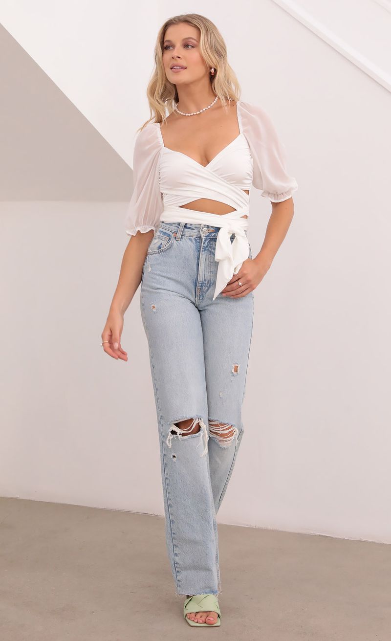 Picture Aliah Puff Chiffon Wrap Top in White. Source: https://media.lucyinthesky.com/data/Aug21_2/800xAUTO/1V9A0620.JPG