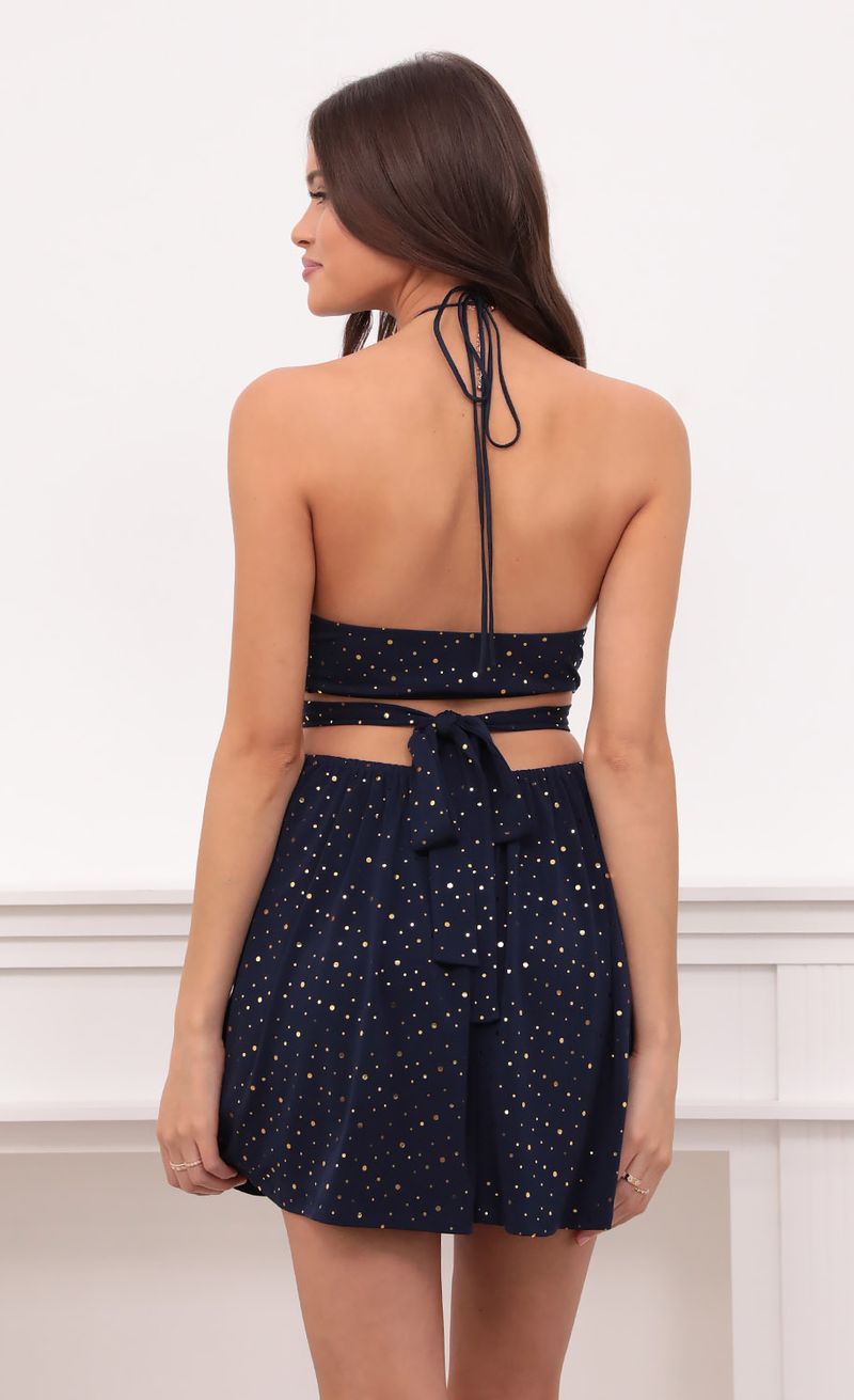Picture Cressida Shimmer Halter Cutout Dress in Navy. Source: https://media.lucyinthesky.com/data/Aug21_2/800xAUTO/1V9A5745.JPG