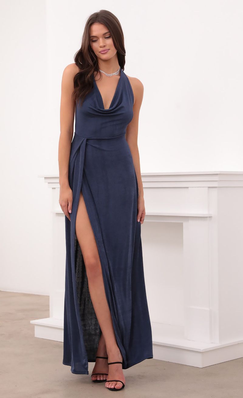 Picture Kaira Cowl Neck Maxi Dress in Navy. Source: https://media.lucyinthesky.com/data/Aug21_2/800xAUTO/1V9A8718.JPG