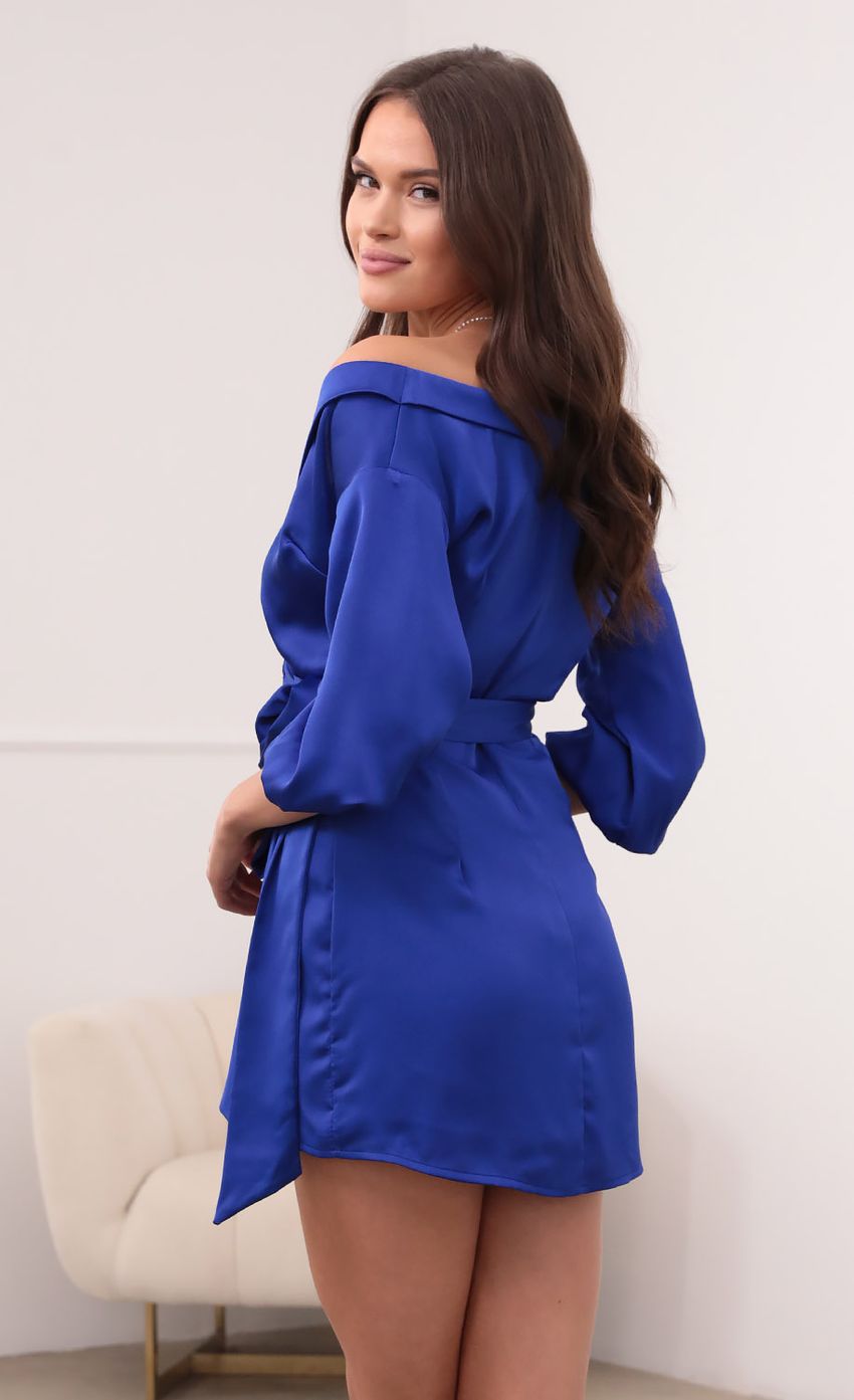Picture Lorella Off Shoulder Wrap Dress in Royal Blue. Source: https://media.lucyinthesky.com/data/Aug21_2/850xAUTO/1V9A2644.JPG