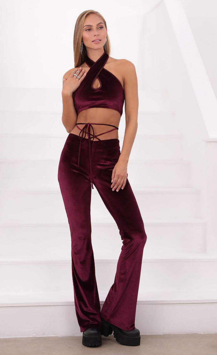 Picture Jhene Two Piece Pant Set in Burgundy Velvet. Source: https://media.lucyinthesky.com/data/Aug21_2/850xAUTO/1V9A4260.JPG