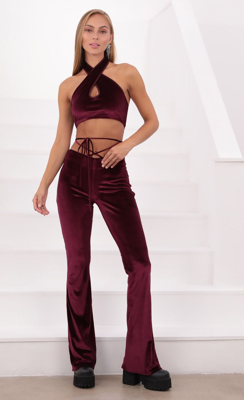 Picture Jhene Two Piece Pant Set in Burgundy Velvet. Source: https://media.lucyinthesky.com/data/Aug21_2/850xAUTO/1V9A4271.JPG