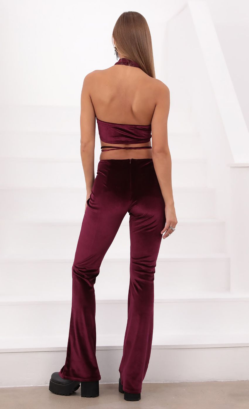 Picture Jhene Two Piece Pant Set in Burgundy Velvet. Source: https://media.lucyinthesky.com/data/Aug21_2/850xAUTO/1V9A4321.JPG