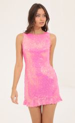 Picture Ophelia Holographic Sequin Open Back Ruffle Dress in Pink. Source: https://media.lucyinthesky.com/data/Aug22/150xAUTO/c84bf862-09fa-4bdd-bcc0-7176b8c78fad.jpg