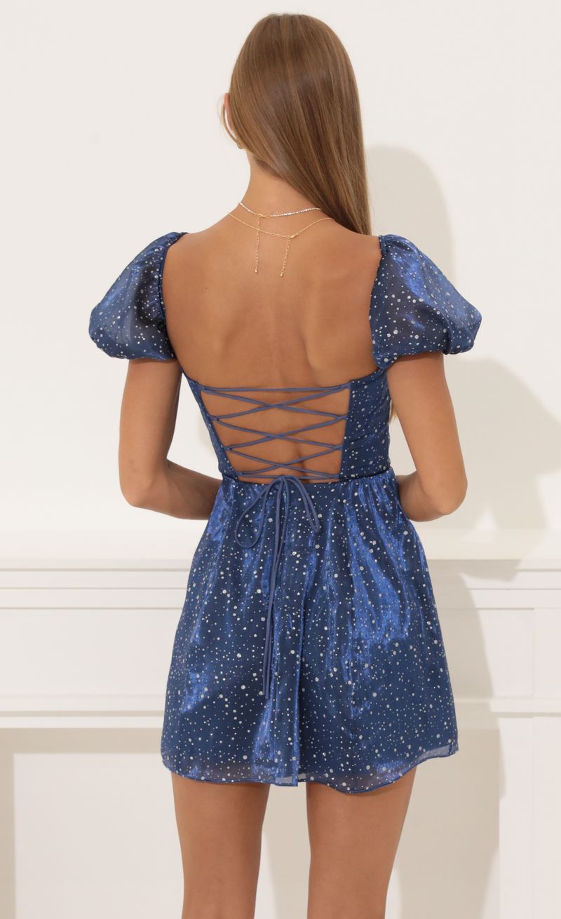 Picture Margie Glitter Puff Sleeve Dress in Blue. Source: https://media.lucyinthesky.com/data/Aug22/800xAUTO/af223894-2f6d-4a37-a8f7-964388cf3053.jpg
