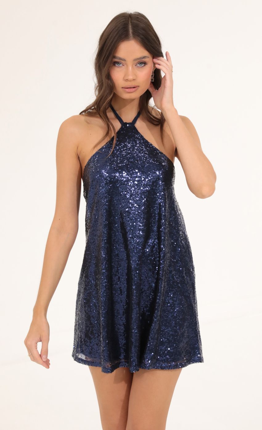 Picture Maya Sequin Halter Dress in Blue. Source: https://media.lucyinthesky.com/data/Aug22/850xAUTO/50603631-4e00-4bfc-bacc-0cc8962aa524.jpg