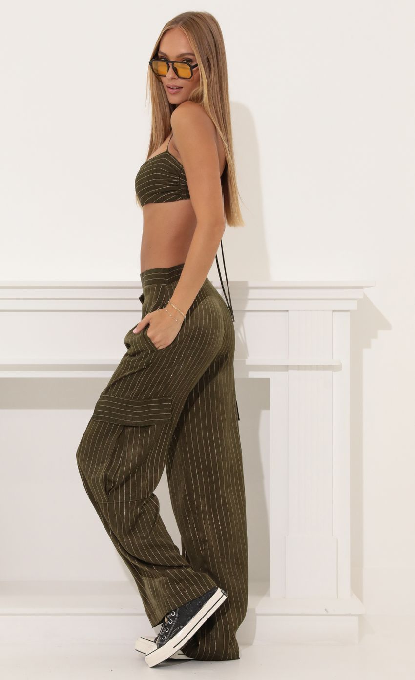 Picture Mckenzie Satin Striped Two Piece Set in Olive Green. Source: https://media.lucyinthesky.com/data/Aug22/850xAUTO/723f18cf-779c-44db-bff4-54a22651f3a8.jpg
