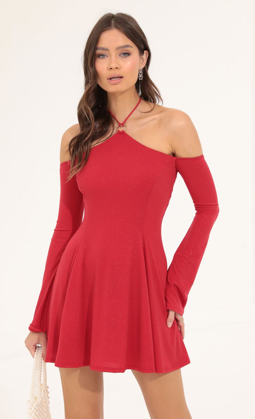 Picture Mable Glitter Off The Shoulder Flare Dress in Red. Source: https://media.lucyinthesky.com/data/Aug22/850xAUTO/895ea934-ddbf-4007-8d66-1ee104c6f043.jpg