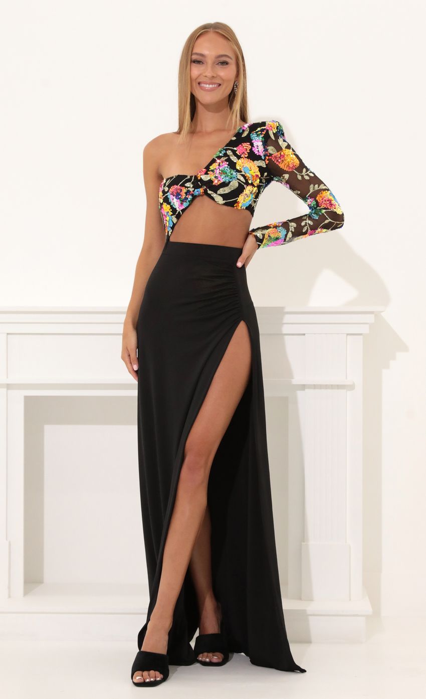 Picture Cheree One Shoulder Sequin Maxi Dress in Black. Source: https://media.lucyinthesky.com/data/Aug22/850xAUTO/99ed05e6-3e12-4990-a971-223b58bae028.jpg