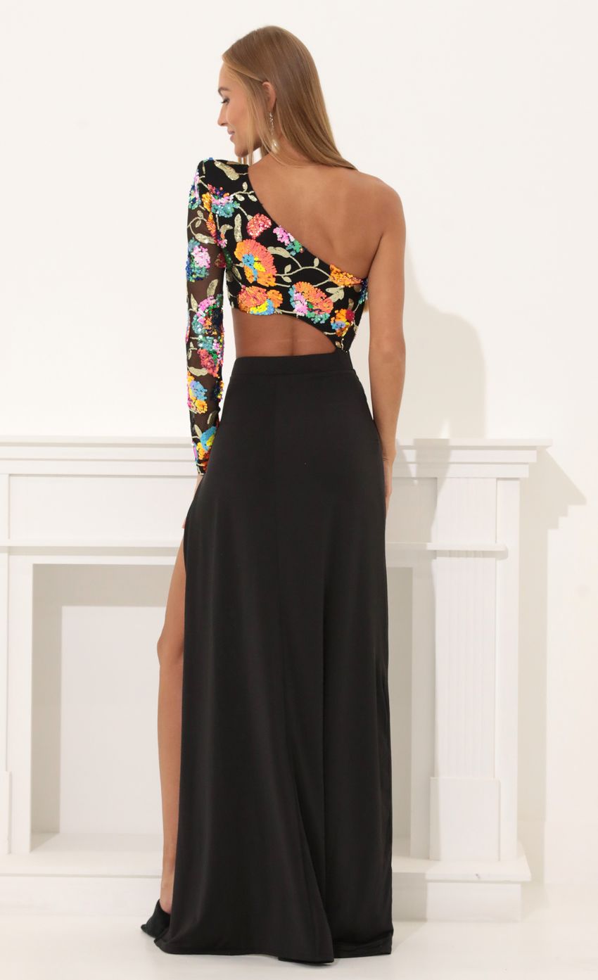 Picture Cheree One Shoulder Sequin Maxi Dress in Black. Source: https://media.lucyinthesky.com/data/Aug22/850xAUTO/b23ff3f1-71bf-4703-ac66-01c65913c1fd.jpg