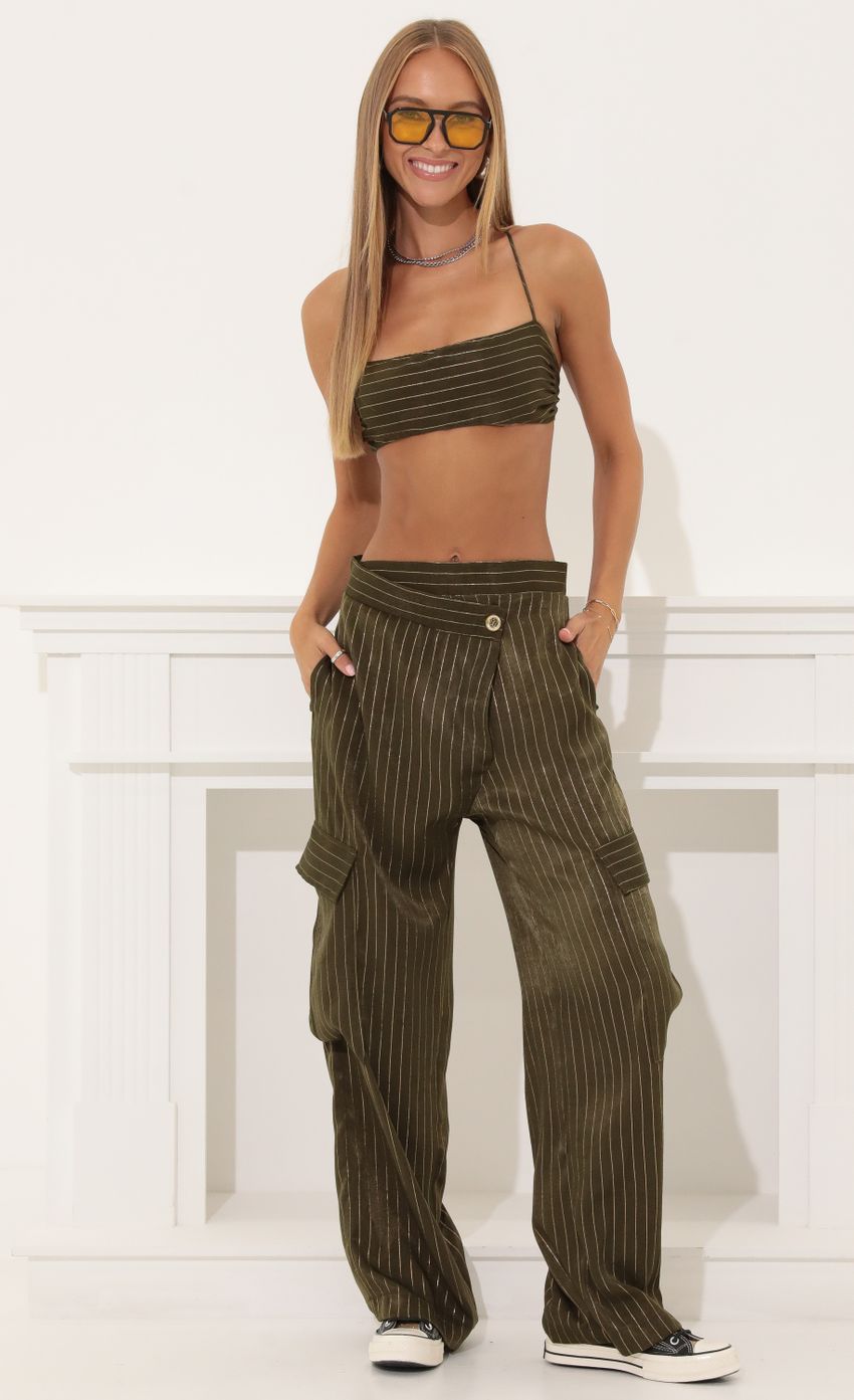 Picture Mckenzie Satin Striped Two Piece Set in Olive Green. Source: https://media.lucyinthesky.com/data/Aug22/850xAUTO/b78f5511-b0c2-48e0-8812-f3064de1c525.jpg