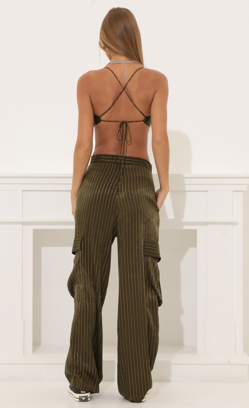 Picture Mckenzie Satin Striped Two Piece Set in Olive Green. Source: https://media.lucyinthesky.com/data/Aug22/850xAUTO/e3aed411-6c39-470b-95d7-6bdb226fb187.jpg