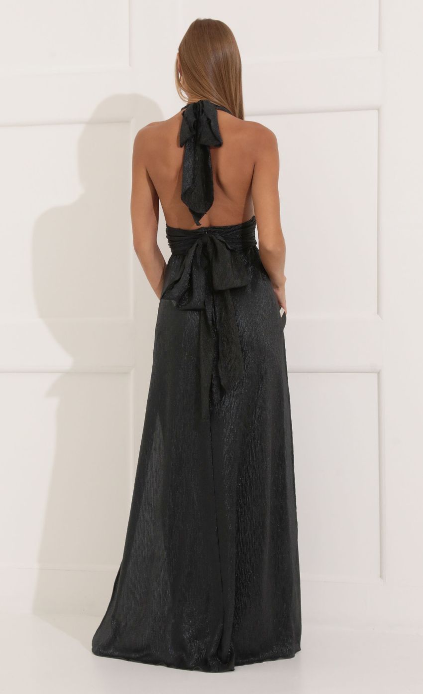 Picture McKayla Metallic Pleated Maxi Dress in Black. Source: https://media.lucyinthesky.com/data/Aug22/850xAUTO/f482562d-ae5f-4706-b261-59751552851b.jpg