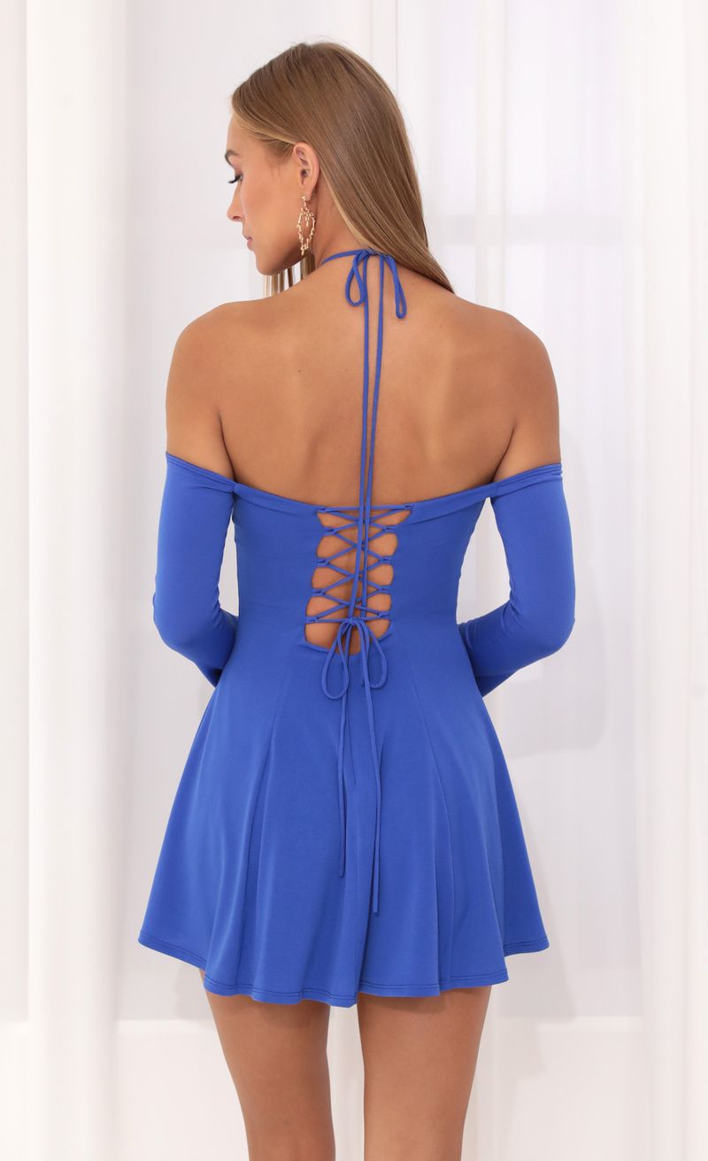 Picture Mable Off The Shoulder Long Sleeve Flare Dress in Blue. Source: https://media.lucyinthesky.com/data/Aug22_2/800xAUTO/1V9A5467.JPG