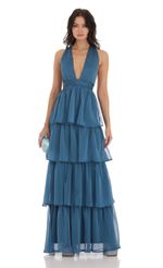 Picture Trevina Chiffon Plunge Dress in Blue. Source: https://media.lucyinthesky.com/data/Aug23/150xAUTO/75aa7aad-3406-4ee3-b1e4-9b8ab3a993df.jpg