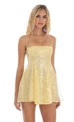 Picture Sheyla Sequin Flare Dress in Yellow. Source: https://media.lucyinthesky.com/data/Aug23/150xAUTO/8eec2856-3bf3-4221-aa30-f624585269a8.jpg