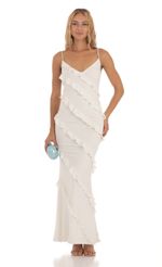 Picture Elowen Shimmer Ruffle Maxi Dress in White. Source: https://media.lucyinthesky.com/data/Aug23/150xAUTO/b2eff1b1-0092-47ea-bf5e-6168229b4b2f.jpg