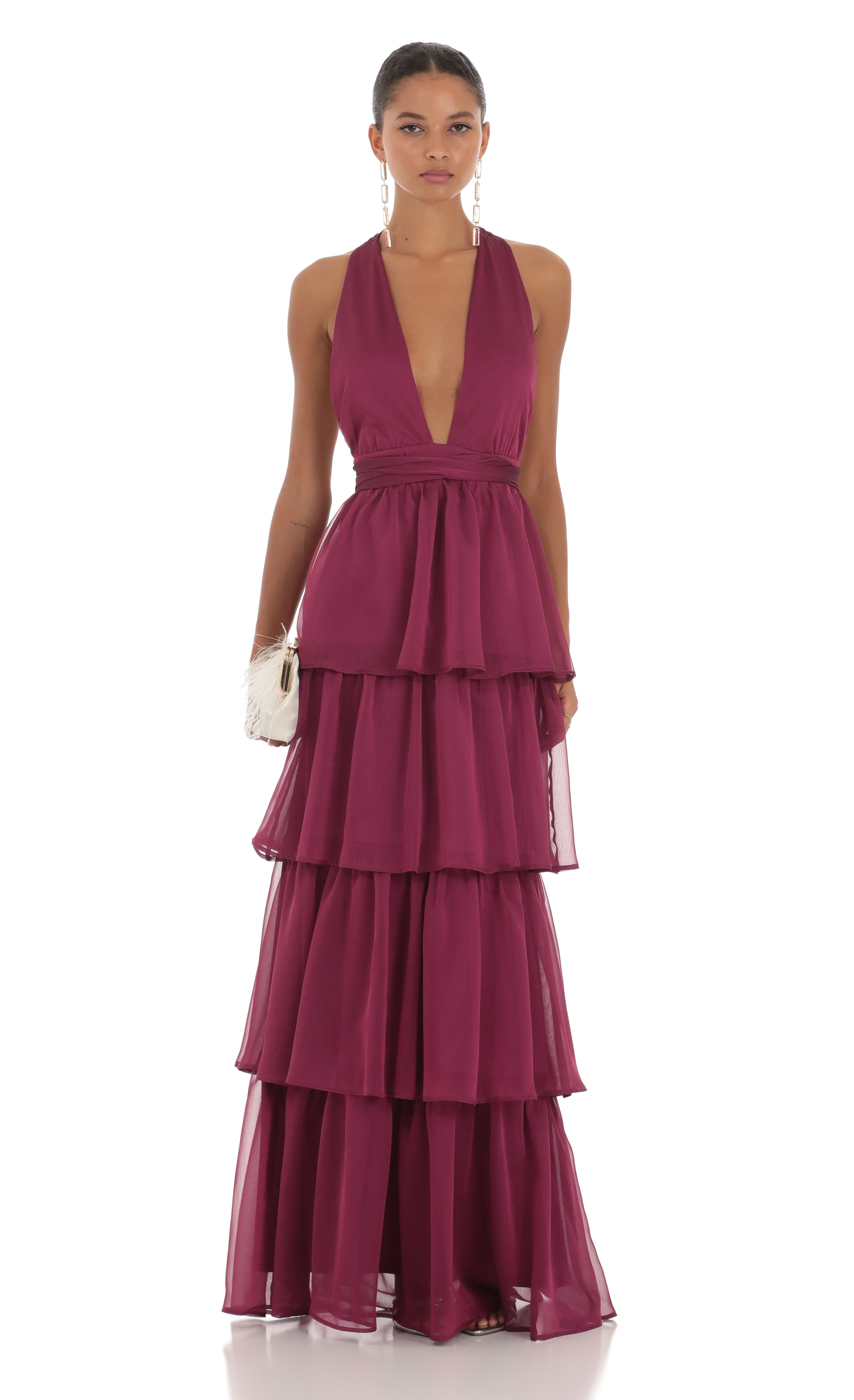 Trevina Chiffon Plunge Dress in Berry