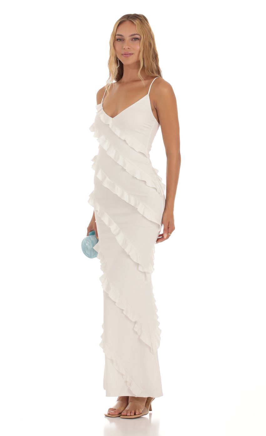 Picture Elowen Shimmer Ruffle Maxi Dress in White. Source: https://media.lucyinthesky.com/data/Aug23/850xAUTO/0320640d-6694-475c-93dd-b006819044c4.jpg
