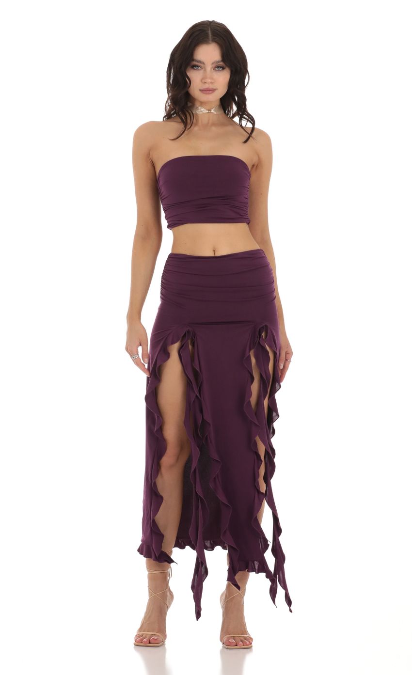 Picture Zola Ruffle Slit Two Piece Set in Purple. Source: https://media.lucyinthesky.com/data/Aug23/850xAUTO/0d638a53-bf41-4ab4-bbe8-e91c7ab0f898.jpg