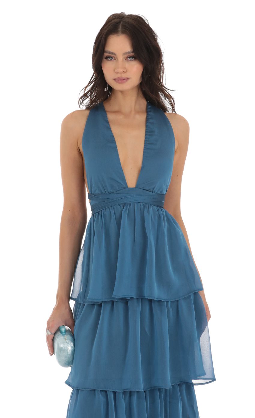 Picture Trevina Chiffon Plunge Dress in Blue. Source: https://media.lucyinthesky.com/data/Aug23/850xAUTO/344843a6-8ded-4295-a7a6-4435834f7510.jpg