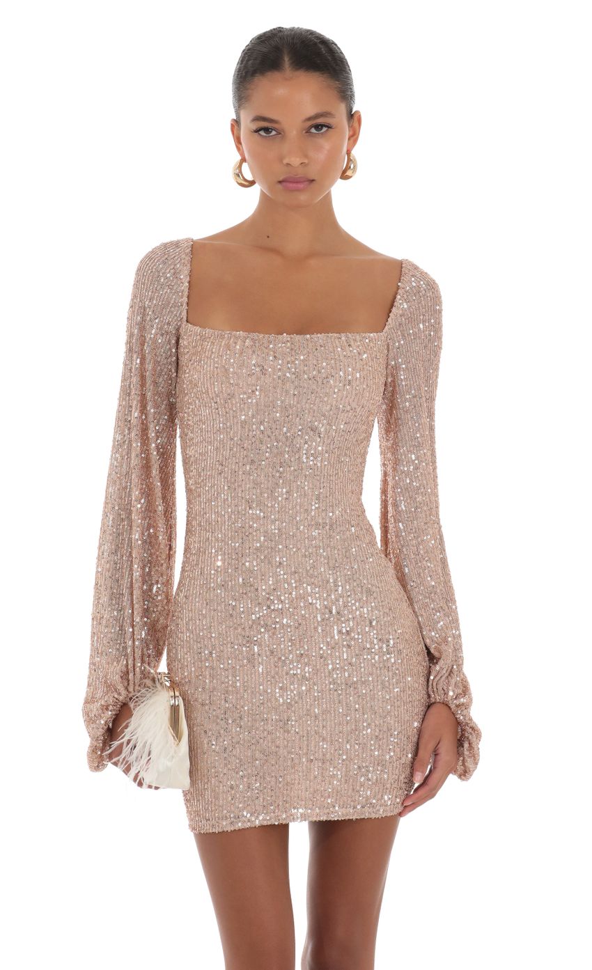 Picture Shantelle Sequin Long Sleeve Dress in Rose Gold. Source: https://media.lucyinthesky.com/data/Aug23/850xAUTO/5556c462-2ce6-4497-b9c6-7381cd815dba.jpg