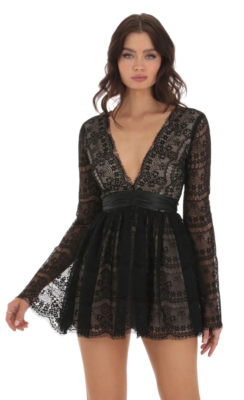 Picture Metis Lace Plunge Neck Dress in Black. Source: https://media.lucyinthesky.com/data/Aug23/850xAUTO/700e47f7-4b04-44f9-b3e9-78f855d99f53.jpg