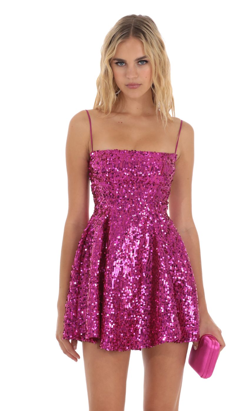 Picture Sheyla Sequin Flare Dress in Pink. Source: https://media.lucyinthesky.com/data/Aug23/850xAUTO/85a7b282-80e7-4d9a-9101-01796a67a794.jpg
