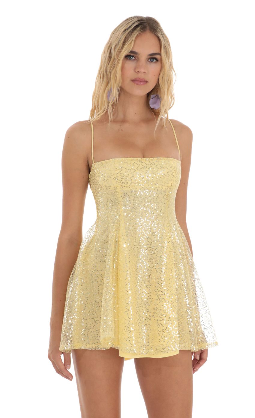 Picture Sheyla Sequin Flare Dress in Yellow. Source: https://media.lucyinthesky.com/data/Aug23/850xAUTO/8eec2856-3bf3-4221-aa30-f624585269a8.jpg