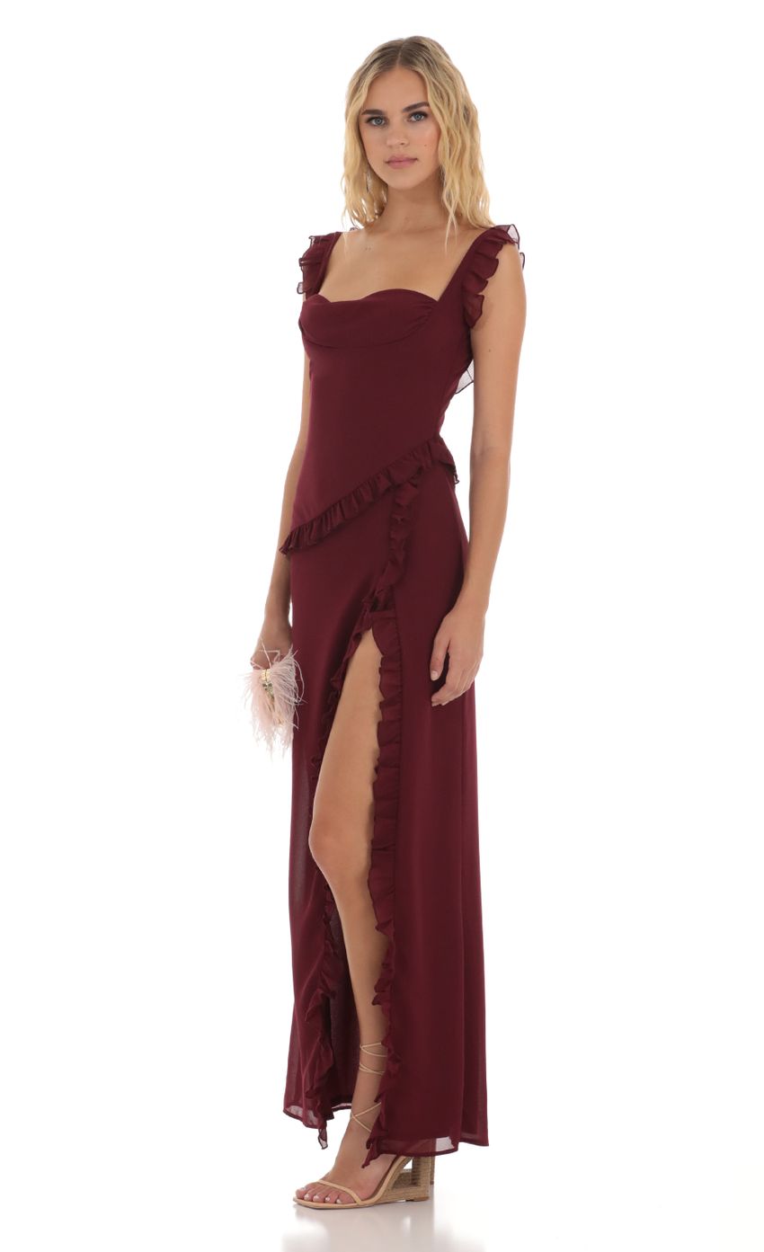 Picture Kofi Ruffle Dress in Maroon. Source: https://media.lucyinthesky.com/data/Aug23/850xAUTO/977b9003-5a19-48a8-bc32-dade29f203a5.jpg
