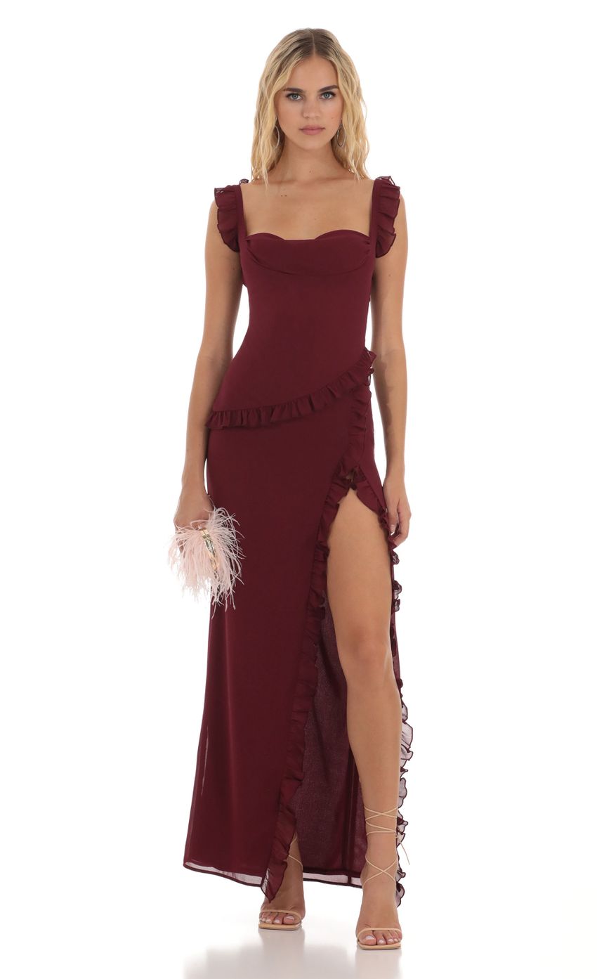 Picture Kofi Ruffle Dress in Maroon. Source: https://media.lucyinthesky.com/data/Aug23/850xAUTO/c3623362-493a-4144-b294-df2d4d807f29.jpg