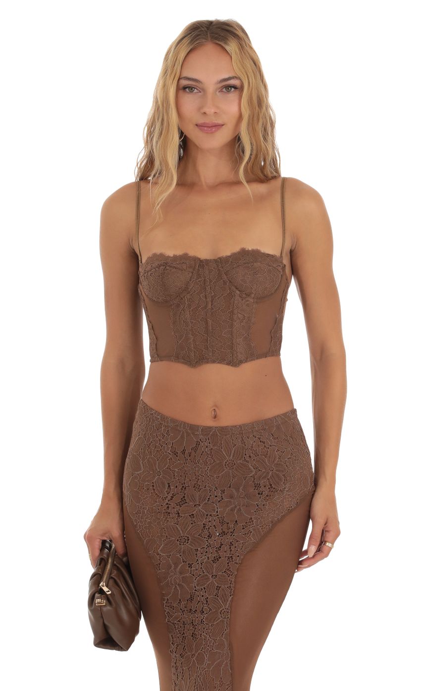 Picture Vesta Lace Mesh Two Piece Set in Brown. Source: https://media.lucyinthesky.com/data/Aug23/850xAUTO/cf7e641b-012e-4d00-954c-c87fa8d95b05.jpg