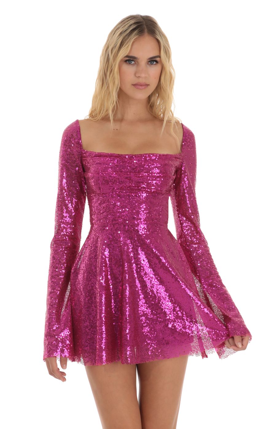 Picture Brooks Sequin Flare Dress in Pink. Source: https://media.lucyinthesky.com/data/Aug23/850xAUTO/d6b5cadd-b641-40bc-b0f2-38156eefd23b.jpg