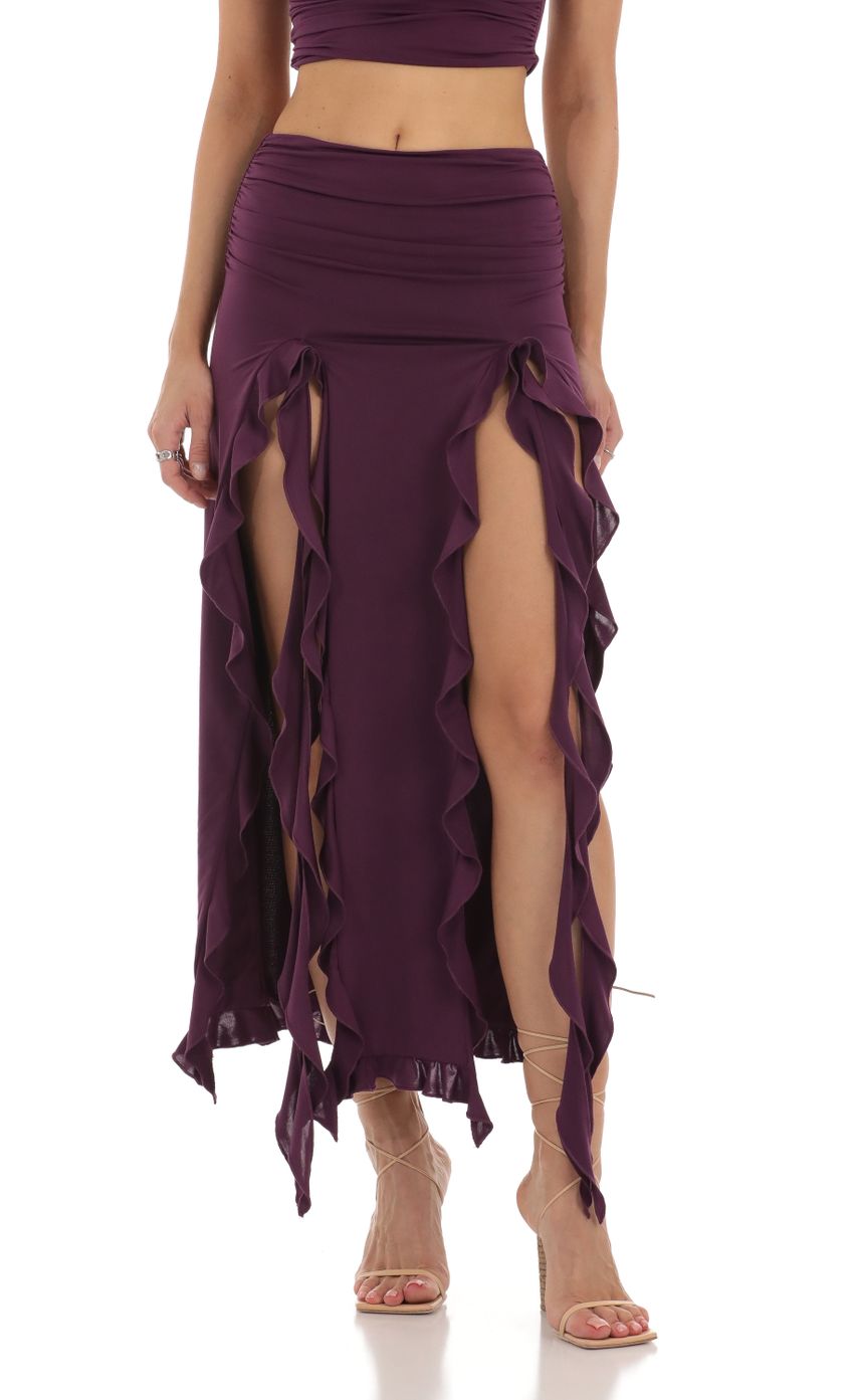 Picture Zola Ruffle Slit Two Piece Set in Purple. Source: https://media.lucyinthesky.com/data/Aug23/850xAUTO/e9d75a98-3ac6-4069-9490-a5d9712f34c1.jpg