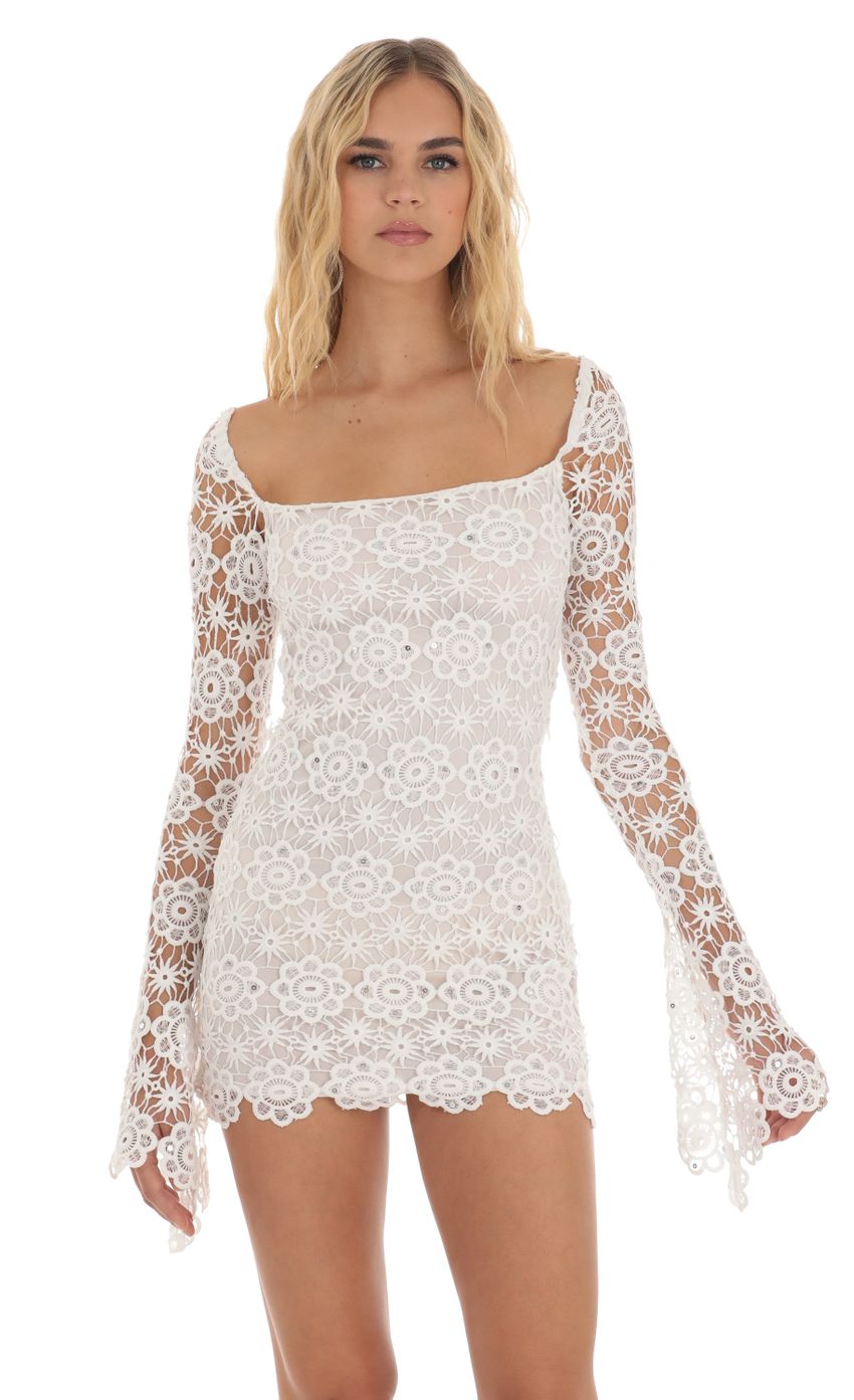 Picture Paola Embroidered Sequin Lace Long Sleeve Dress in White. Source: https://media.lucyinthesky.com/data/Aug23/850xAUTO/ec2bf7de-b909-485c-8e9b-be599e3cc305.jpg