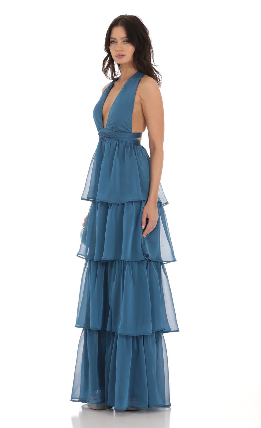 Picture Trevina Chiffon Plunge Dress in Blue. Source: https://media.lucyinthesky.com/data/Aug23/850xAUTO/f5cf5a76-75fc-478e-8dc4-f918e97b368b.jpg