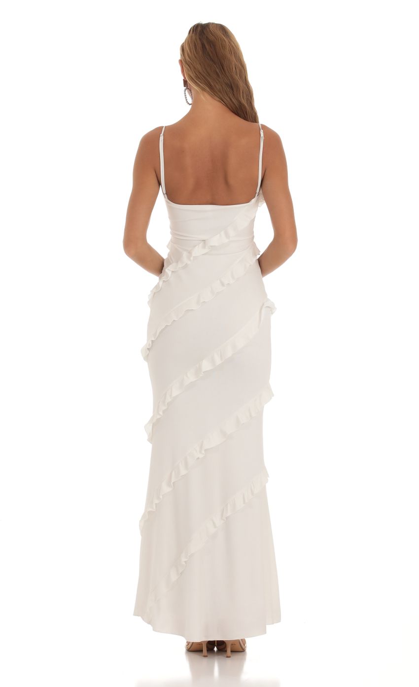 Picture Elowen Shimmer Ruffle Maxi Dress in White. Source: https://media.lucyinthesky.com/data/Aug23/850xAUTO/f7b69bce-bccc-4be1-8977-9e1c801acb3c.jpg
