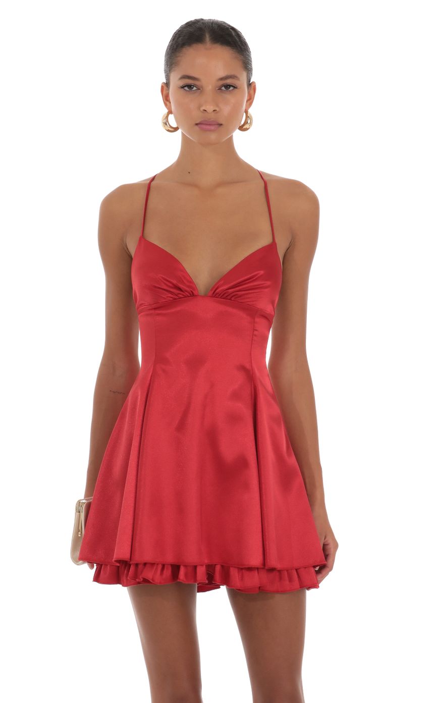 Picture Ambrosia Satin Flare Dress in Red. Source: https://media.lucyinthesky.com/data/Aug23/850xAUTO/fa5b88f1-3687-4bc6-85e2-1c1201753897.jpg
