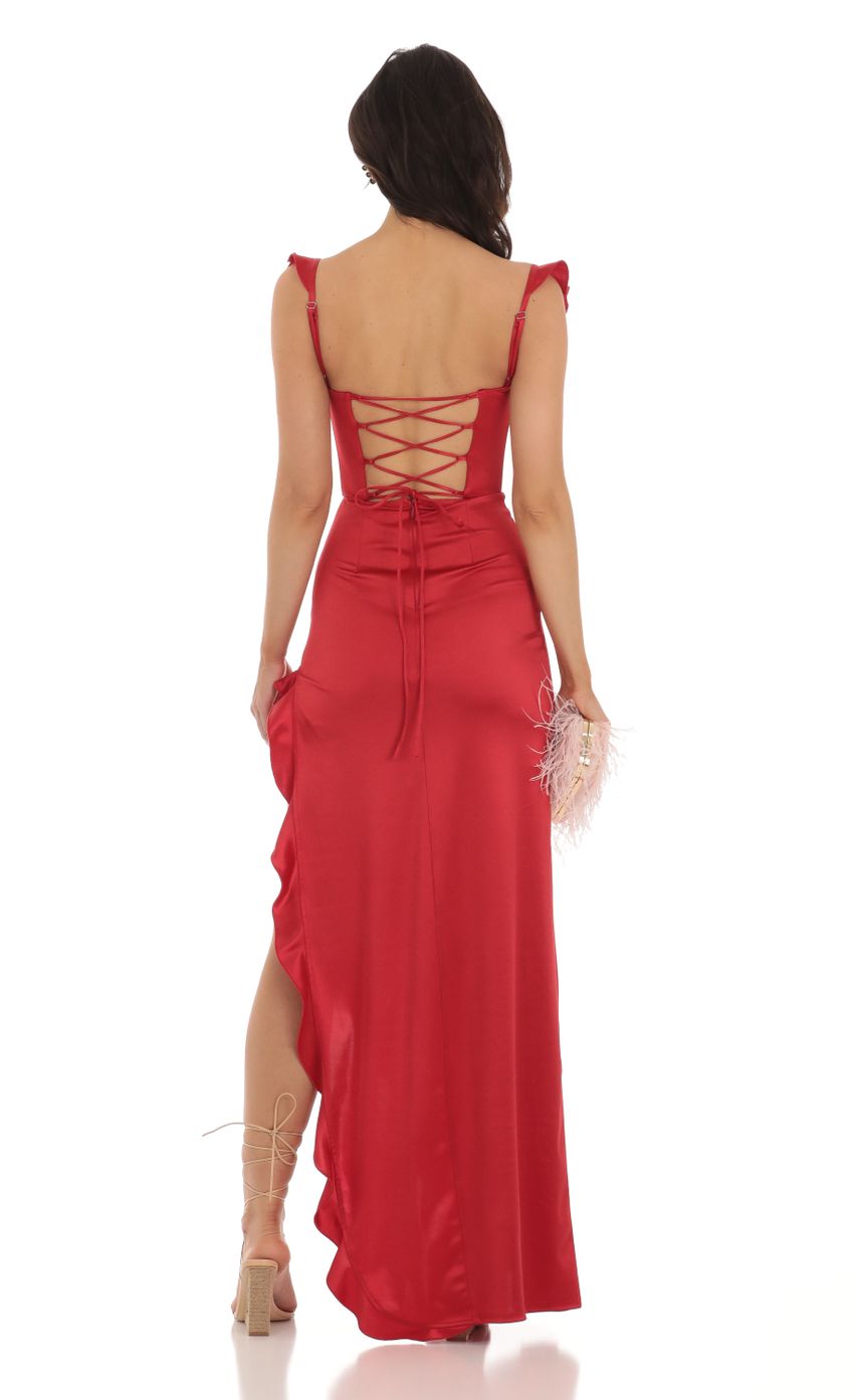 Aidyl Satin Ruffle Maxi Dress in Red | LUCY IN THE SKY