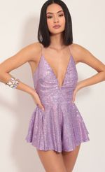 Picture Clara Iridescent Sequin Romper in Lilac. Source: https://media.lucyinthesky.com/data/Dec19_1/150xAUTO/781A02651.JPG