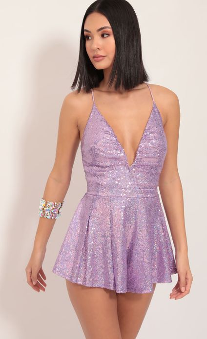 clara iridescent sequin romper in lilac