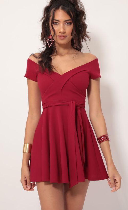 Picture Ambrose Pleated A-line Dress in Red. Source: https://media.lucyinthesky.com/data/Dec19_1/500xAUTO/781A0181.JPG