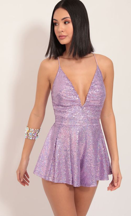 Picture Clara Iridescent Sequin Romper in Lilac. Source: https://media.lucyinthesky.com/data/Dec19_1/500xAUTO/781A0257.JPG
